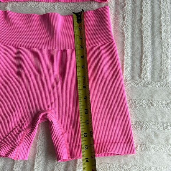 LNSK Pink Workout Outfit Seamless Ribbed Running Yoga Two‎ Piece Crop Top Shorts - Picture 6 of 9